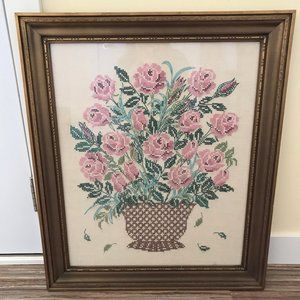 Pink Rose Bouquet Completed Cross Stitch Embroidery Large Framed Picture 23x28"